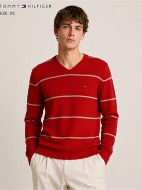 Tommy Hilfiger Red Striped V- Men’s Neck Sweater - Size XS